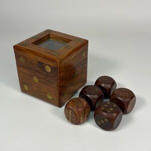 Vintage Wood Dice Set w/ Storage Box Glass Window Solid Wood Brass Inlay 5 Dice